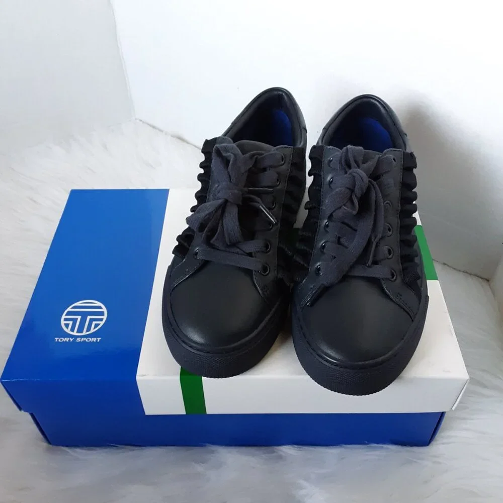 Tory Burch Sport Navy Ruffle Sneakers Round Toe Leather Shoes size 5M